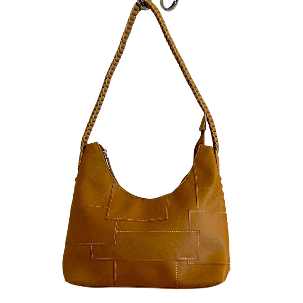 Hobo style small tan faux leather shoulder bag, 11 x 7 x 3“
